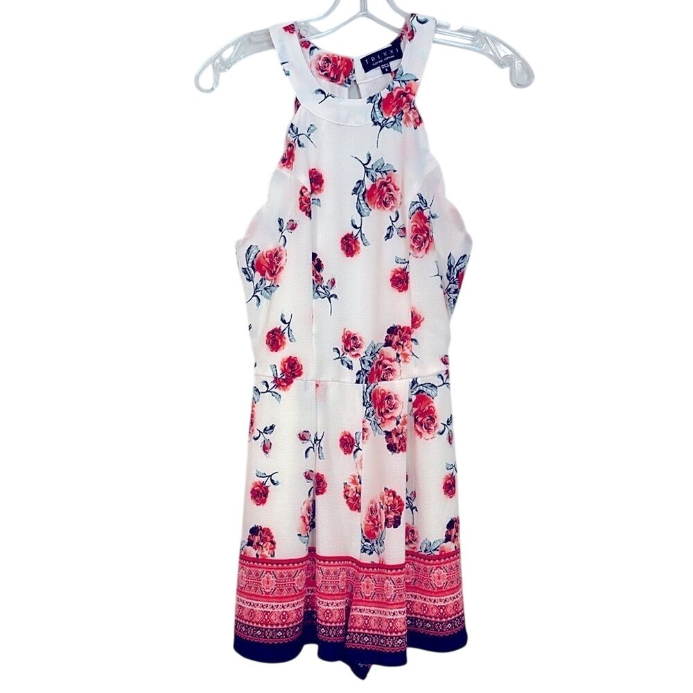 Trixxi Floral Romper Womens S White Red Halter Neck Scalloped Cottagecore Boho